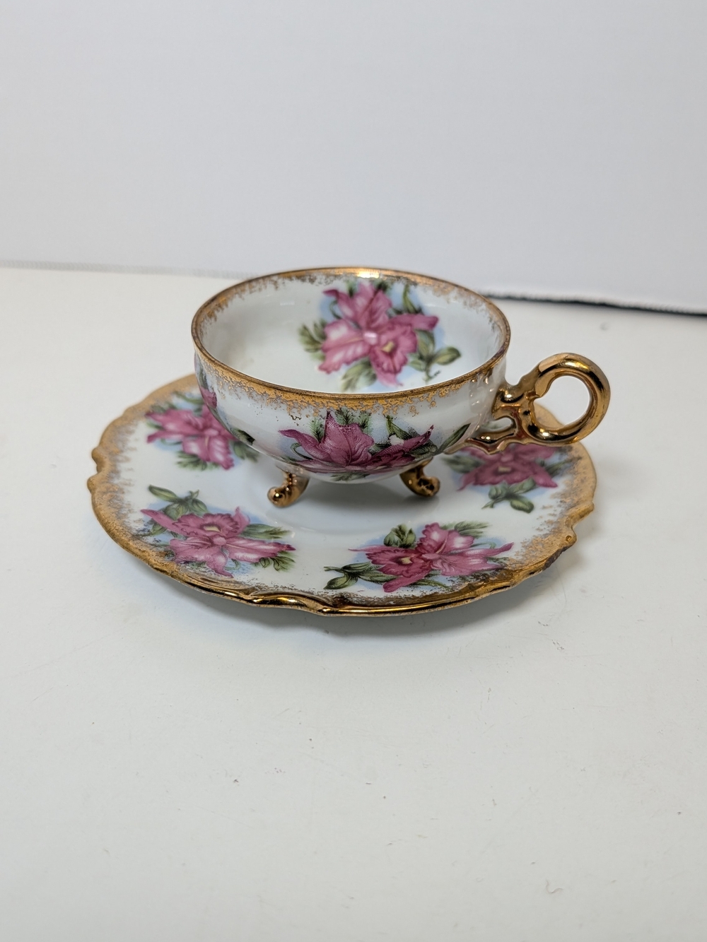Vintage 1950s Napco China Footed Teacup & Saucer Set SD153 Pink Lily Gold Trim